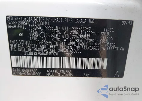 2013 Toyota Rav4 Le z USA, uszkodzony, nr VIN 2T3BFREV5DW015370